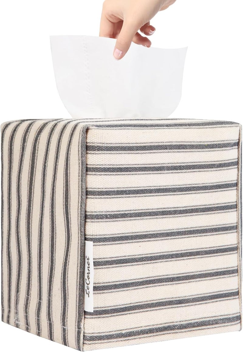 LeCorner Tissue Box Cover, Fabric Tissue Box Holder Square, Stylish Toilet Paper Storage, Modern Bathroom Counter Organizer Decorations Accessories,Ticking Stripe 5''x5''x5'' (Pastel Grey) - Image 1